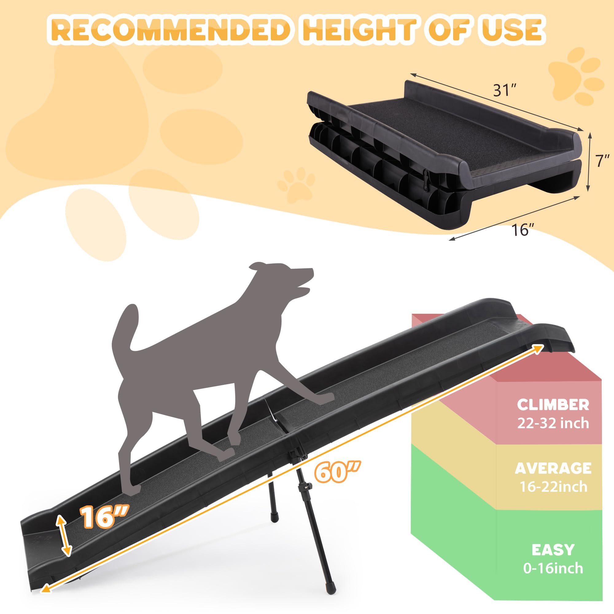 COZIWOW Folding Dog Ramps, 62   L Portable Pet Ramp for Large Dogs SUV,Cars,Lightweight Cat Ramp Non-Skid Surface Steps for High